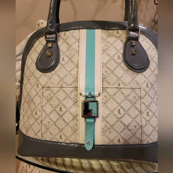 L.A.M.B. by Gwen Stefani Kingston Shadow Bowler Bag Leather Blue Stripe #427 - Picture 4 of 17